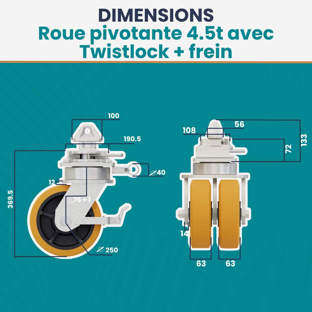 Roues pivotantes 4,5 tonnes avec Twistlock et frein pour conteneur